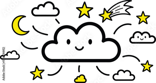 Whimsical night sky doodle a charming illustration featuring a smiling cloud surrounded by celestial elements