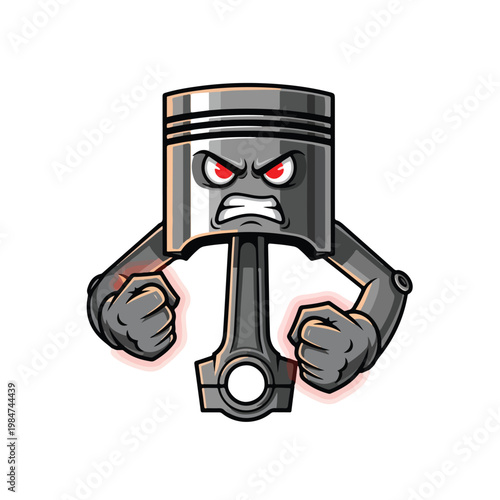 An angry, muscular piston mascot with red eyes and clenched fists stands aggressively, conveying power and determination against a stark white background
