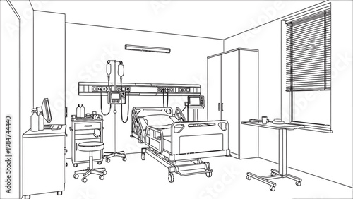 Architectural sketch of a medical examination room with equipment showcasing a clinical and sterile environment