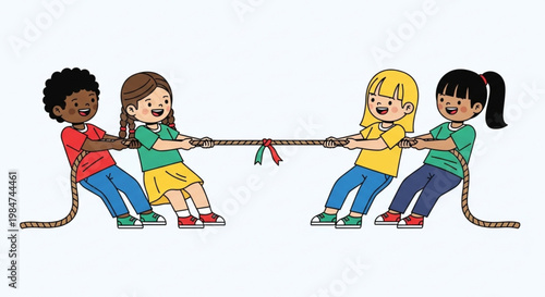 Happy Children Playing Tug of War Game in Friendly Competition Cartoon Illustration