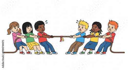 Children Competing in Tug of War Game Showing Teamwork and Strength Cartoon Illustration