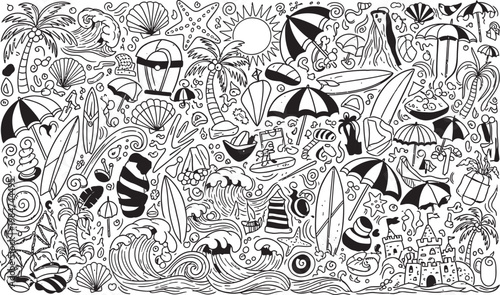 Intricate black and white illustration of a mystical mushroom forest with whimsical details