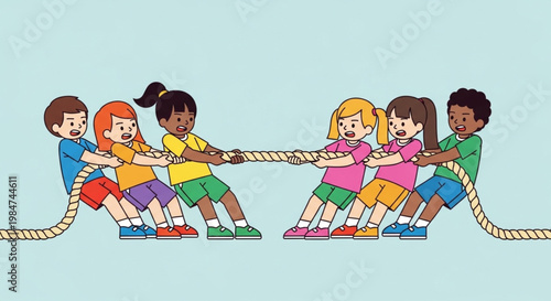 Children Playing Tug of War Game Together Cartoon Illustration