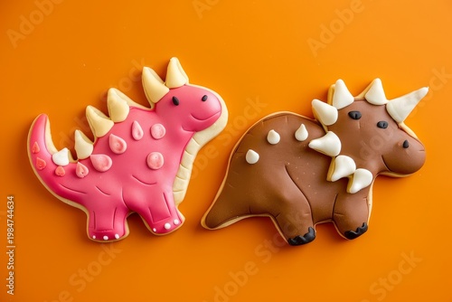 valentines dinosaur cookies pink stegosaurus brown triceratops decorated playdough on orange background cute festive design