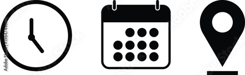 Vector icons representing time, date, and location on a white background for scheduling Vector