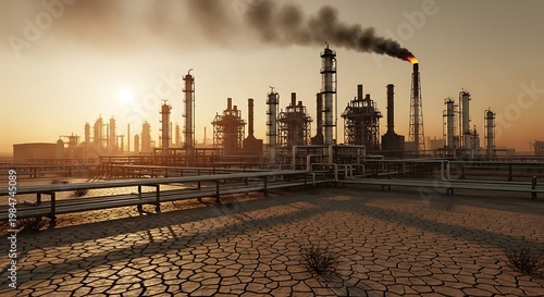 Industrial factory complex with smokestacks.