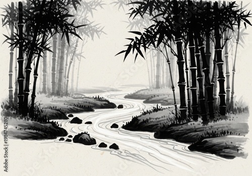Serene bamboo grove by a tranquil stream in monochrome harmony