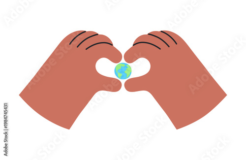 Hands making heart shape, holding planet Earth illustration isolated. Nature, environment protection, sustainability, ecology awareness, concept, symbol. Hand drawn flat vector, clip art element