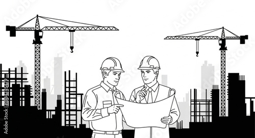 Two Construction Workers Reviewing Blueprint Plans Together.