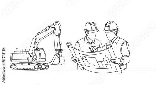 Two Construction Workers Reviewing Blueprint Plans Together.
