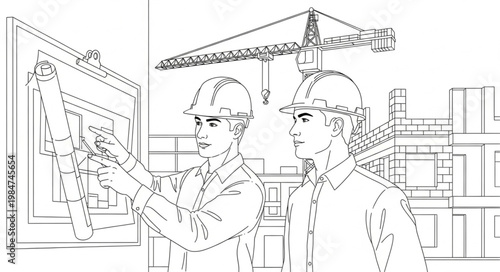 Two construction workers reviewing blueprints and plans together.