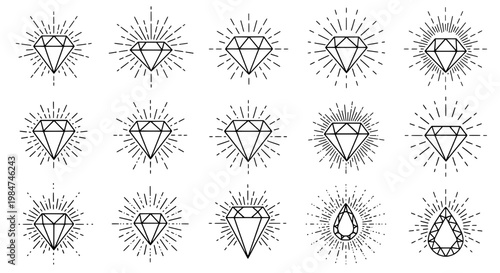 Diamonds hand drawn set with black lines and radiant effects, shining gems collection featuring diamond, gemstone, jewelry with precious stone and