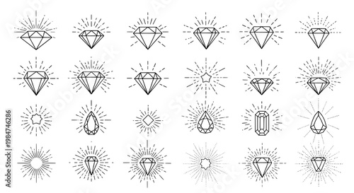 Diamonds hand drawn set with black outlined sparkles and shine effects radiating lines featuring gemstones, jewelry, line art with illustrations and