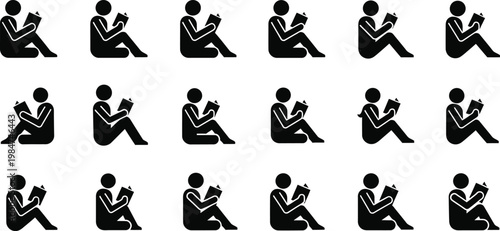 Silhouette collection of stick figures sitting on the ground reading books in various poses
