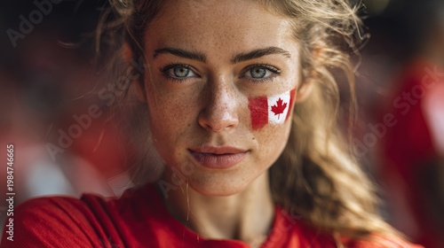Euphoric woman in a football stadium with her face painted with the colors of the Canadian flag, cheering and supporting her team.