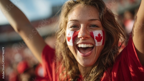 Euphoric woman in a football stadium with her face painted with the colors of the Canadian flag, cheering and supporting her team.