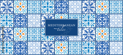 Seamless Mediterranean Italian pattern. Vector illustration blue Italian tiles, ceramics, pattern, mosaic, ornament for background, textile or banner