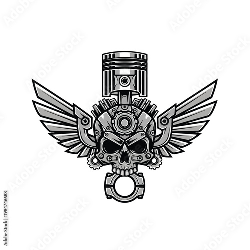 A mechanical skull with a piston and metal wings, symbolizing power and speed, presented in a detailed, monochrome graphic style against a stark white background