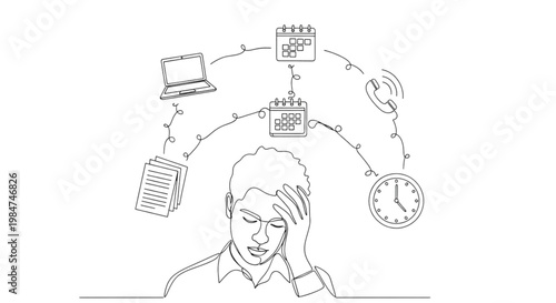 Continuous Line Art Multitasking Deadline Pressure Overload Work Stress Minimal Illustration