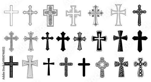 Crosses religious symbols set with intricate designs and patterns featuring black and white, detailed, ornate with Christian and faith elements for