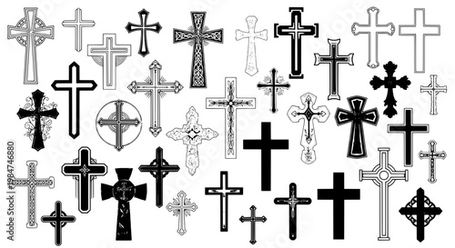 Crosses set with various symbols and designs in black and white. featuring religious icons, graphic resources, vector graphics with illustrations and
