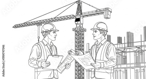 Two Construction Workers Discussing Plans On Site.