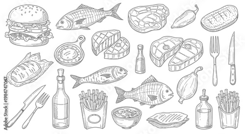 Delicious Hand-Drawn Sketch Collection of Various Grilled Meats, Seafood, and Fast Food Items.