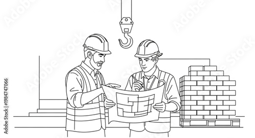 Two Construction Workers Building Brick Wall Together.