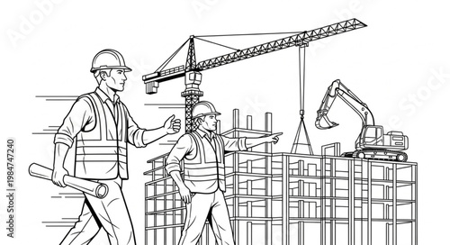 Two Construction Workers Discussing Blueprints On Site.