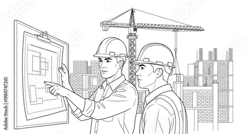 Two construction engineers reviewing plans on panel.
