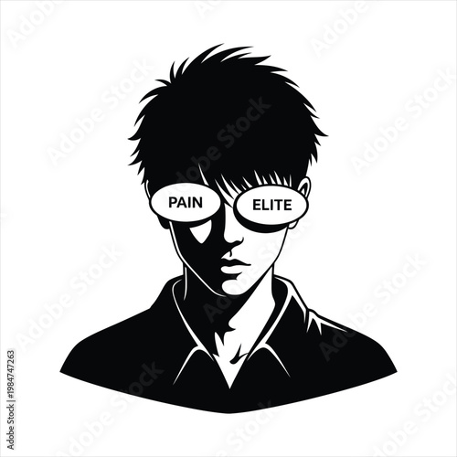 Black and white illustration of a man with pain and elite written on eyes