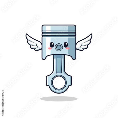 A cute cartoon piston mascot with small white wings is flying joyfully against a clean white background, conveying a fun and energetic mood