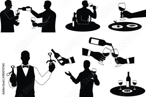 Silhouettes of people enjoying wine service and tasting with clinking glasses food and drink white background silhouette drinking restaurant illustration celebration sommelier enjoyment