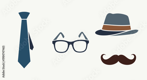 Stylish Mens Accessories Collection with Tie Glasses Hat and Moustache.