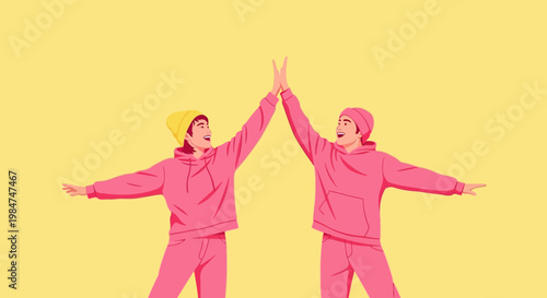 Two young women in pink tracksuits giving a high five.