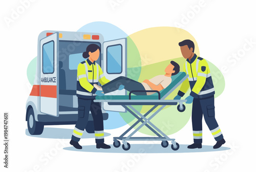 Paramedics loading patient on stretcher into ambulance vehicle