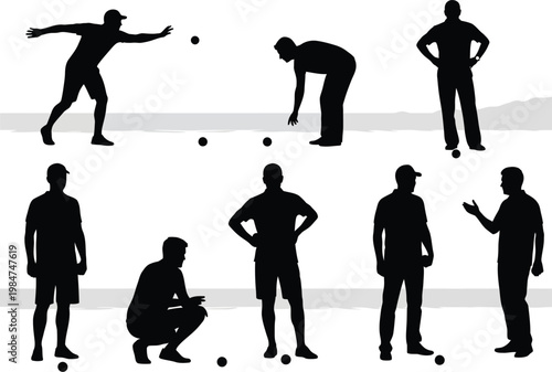 Silhouettes of men playing bocce ball with various actions outdoor recreation game day silhouette activity recreation competition athletic strategy athleticism friendly gameplay sporting