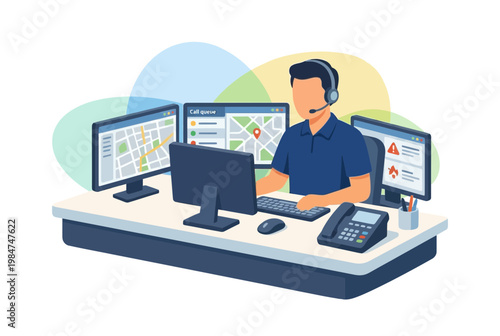 Emergency Dispatcher Working at Control Center Desk