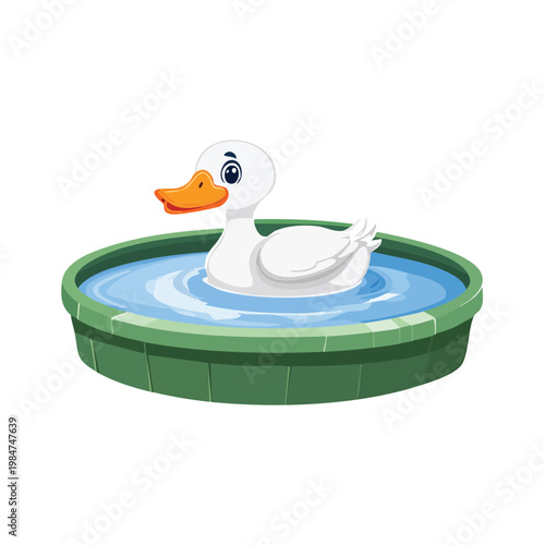 Cartoon duck floating in a green tub of water isolated on white background