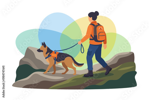 Search and rescue handler with German Shepherd dog in rocky terrain