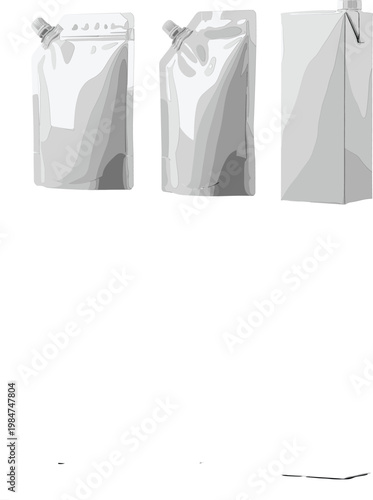 Set of Three Vector Illustrations of Flexible Pouch and Carton Packaging for Beverages, Liquids, and Consumer Goods