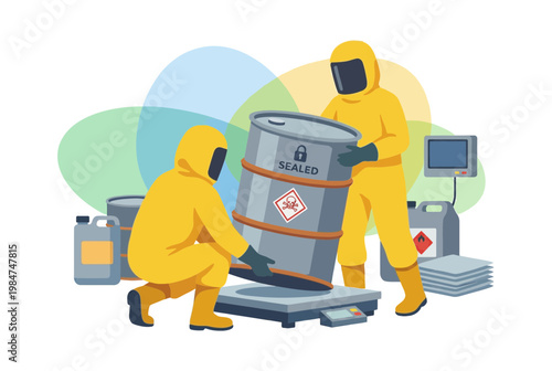 Hazmat Team Handling Sealed Toxic Waste Barrel