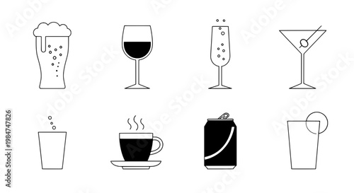 Glasses drinking set with various beverage icons and cups in black line art, including coffee, wine, and cocktail glasses.