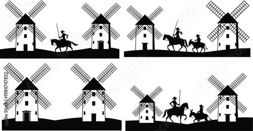Knights on horseback before windmills with windmill silhouette medieval equestrian character equipment fortress countryside landscape illustration adventure
