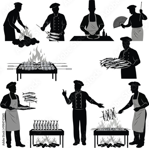 Silhouettes of chefs cooking and serving food outdoors with barbecue illustration silhouette preparation restaurant gathering gastronomy professional dishware activity culinary barbeque