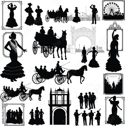 Collection of spanish cultural icons and scenes in silhouette with silhouette flamenco carriage architecture traditional illustration festival carnival historical performance representation