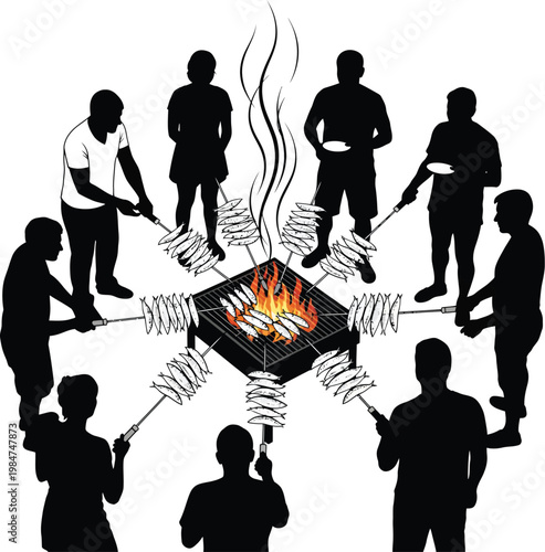 People gathering around a barbecue grill at night with barbecue silhouette gathering illustration celebration together barbeque atmosphere recreation activity community entertainment