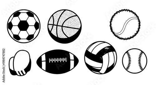 Sports balls set with soccer, basketball, tennis, football, volleyball, and baseball icons featuring black and white, vector, illustration with