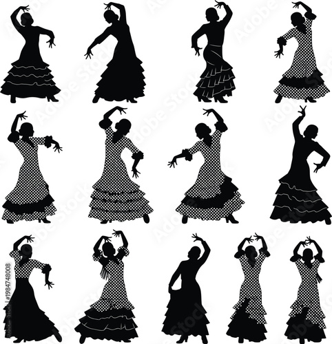 Set of flamenco dancer silhouettes with flamenco silhouette performance traditional movement graceful entertainment artistic illustration contemporary expression celebration festival