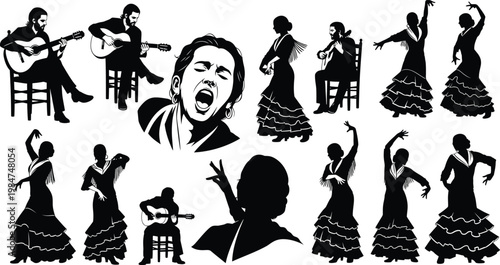 Flamenco performers with singers and guitarists flamenco performers guitarists performance traditional silhouette entertainer heritage movement instrument vocalist expression illustration